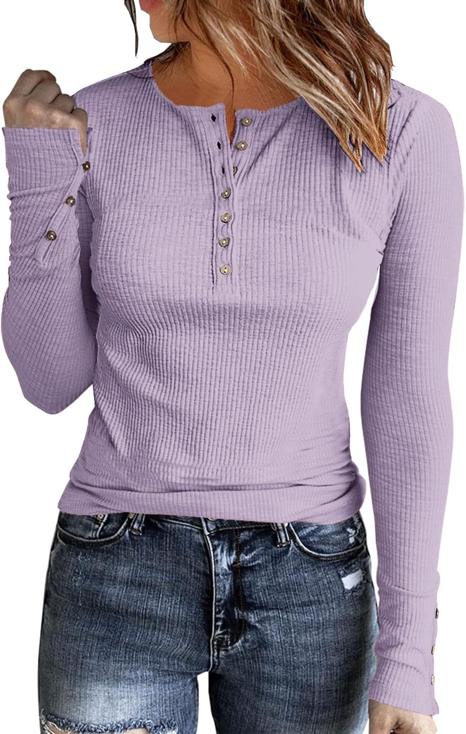 Womens Long Sleeves Ribbed Knit Tunic Shirts Scoop Neck Button Down Tops Casual Henley Tee Shirt Slim Fit Blouses
