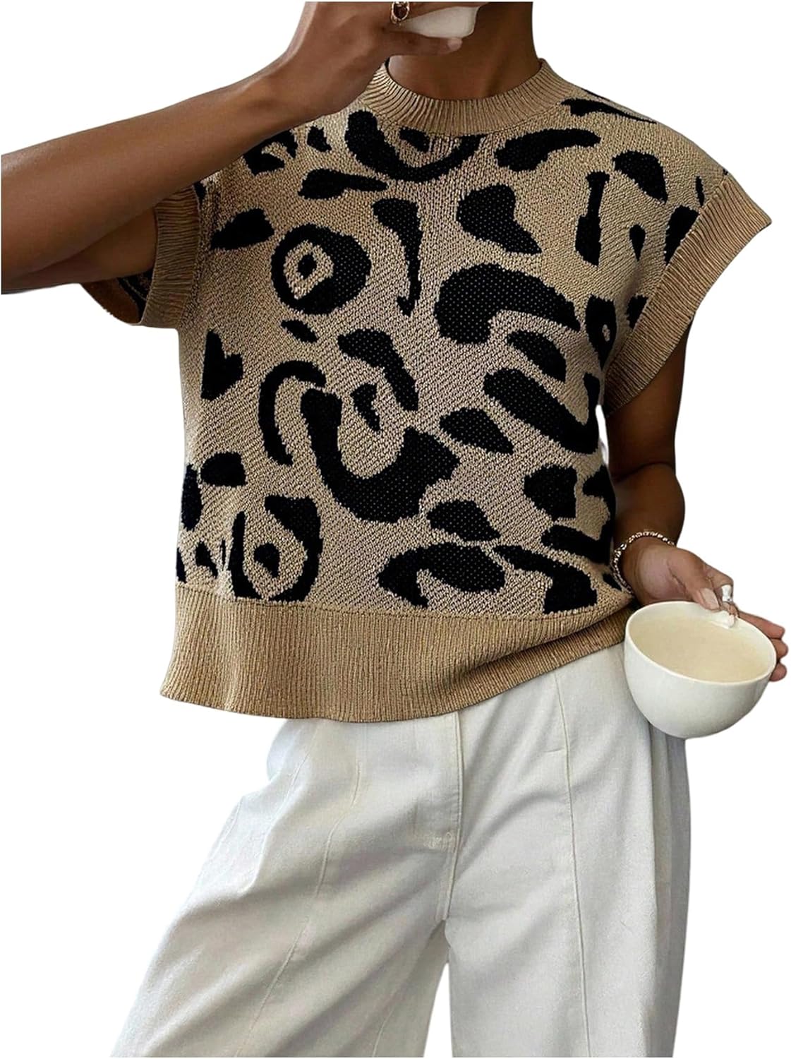 SOLY HUX Women's Ribbed Sweater Crew Neck Short Sleeve Loose Fit Floral Knit Pullover Tops