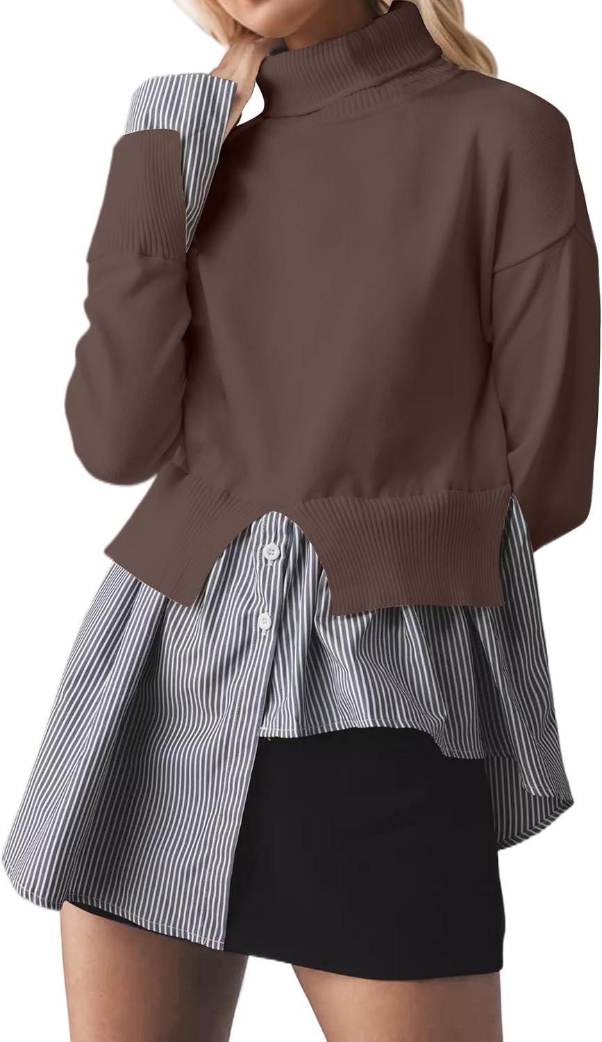 MISSACTIVER Women Slit Turtleneck Patchwork Sweater 2 in 1 Buttons Down Pullover Knit Sweater Asymmetrical Hem Shirt Top