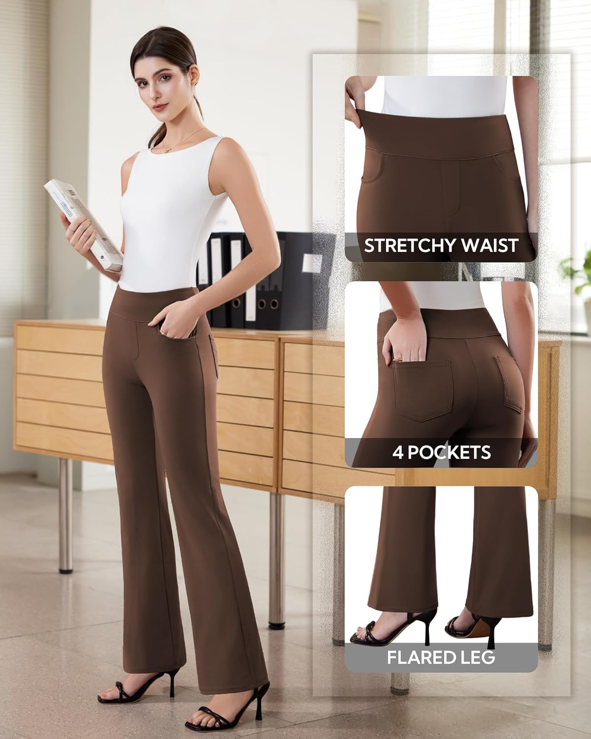 Womens Dress Pants Stretchy Work Pants Business Casual Office Trousers Pull On Flare Slacks with 4 Pockets