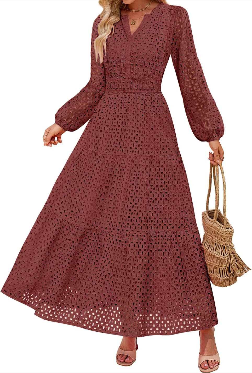 ZESICA Women's 2025 Fall Long Sleeve Maxi Dress V Neck Hollow Out Eyelet A Line Long Flowy Casual Party Dresses