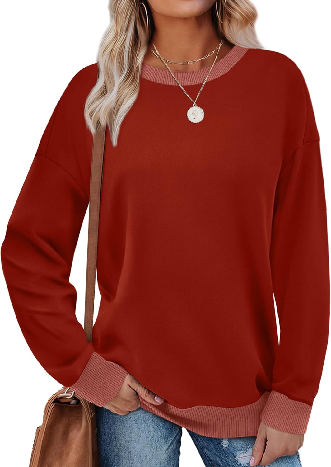 Saloogoe Sweatshirts for Women Crewneck Long Sleeve Loose Fit Tops Color Block Ribbed Trim Fashion 2025