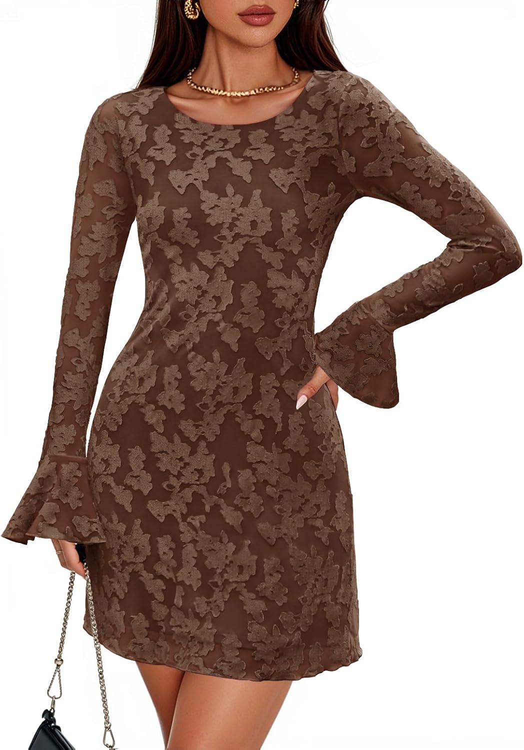 ZESICA Long Sleeve Mini Dresses for Women 2025 Floral Mesh Crewneck Bodycon Wedding Guests Cocktail Party Short Dress