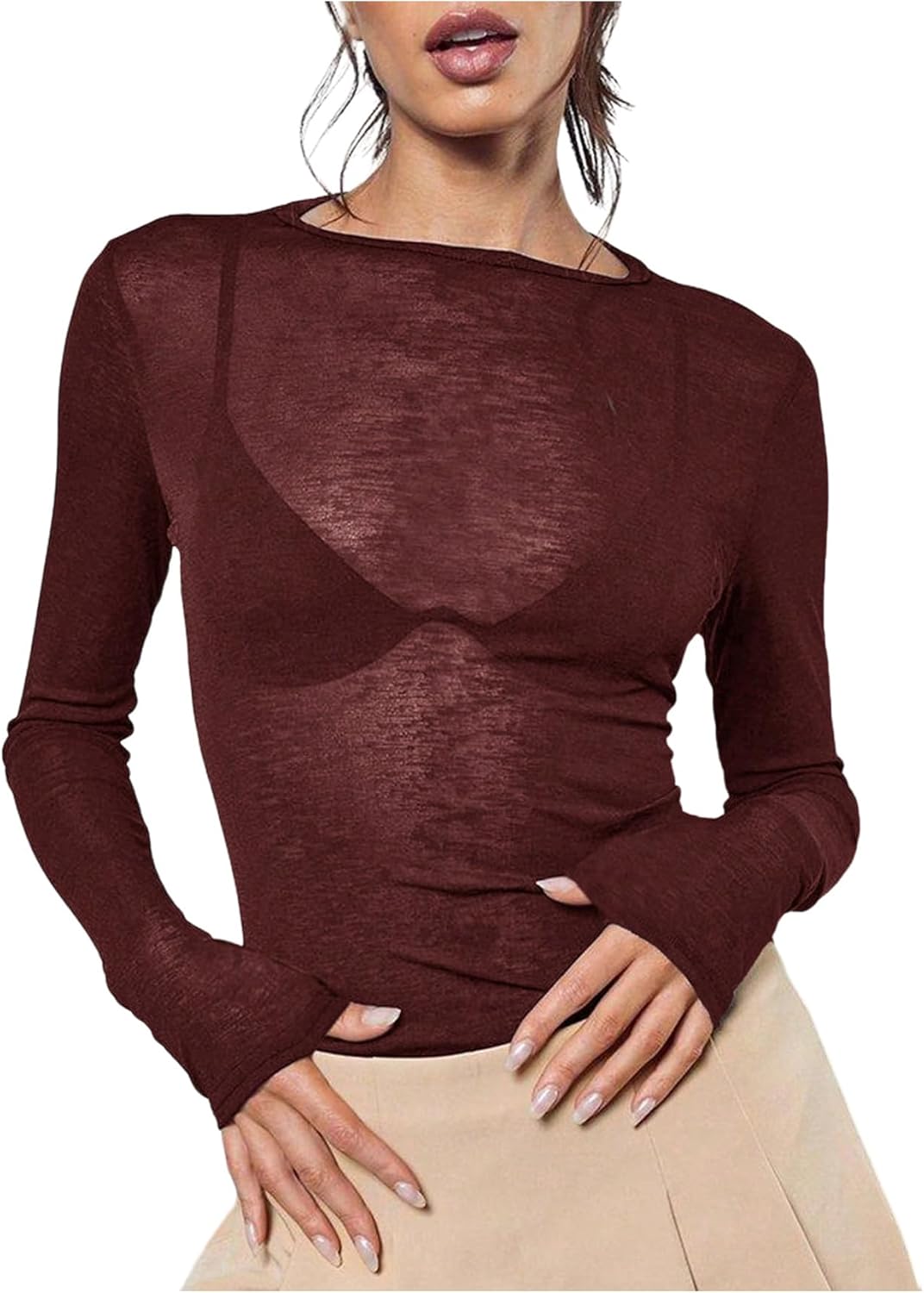 Women's Sheer Mesh Long Sleeve T Shirts Boat Neck Slim Fit Tee Tops Going Out See Through Shirts