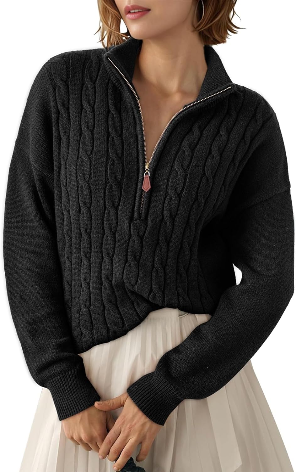 Dokotoo Women's Sweaters 2025 Fall Winter Quarter Zip Casual Ribbed Cable Knit Pullover
