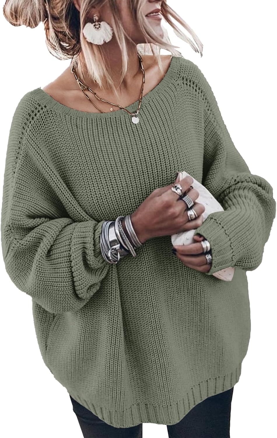 Oversized Sweaters for Women Trendy Chunky Batwing Long Sleeve Casual Crewneck Ribbed Pullover Tunic Sweater