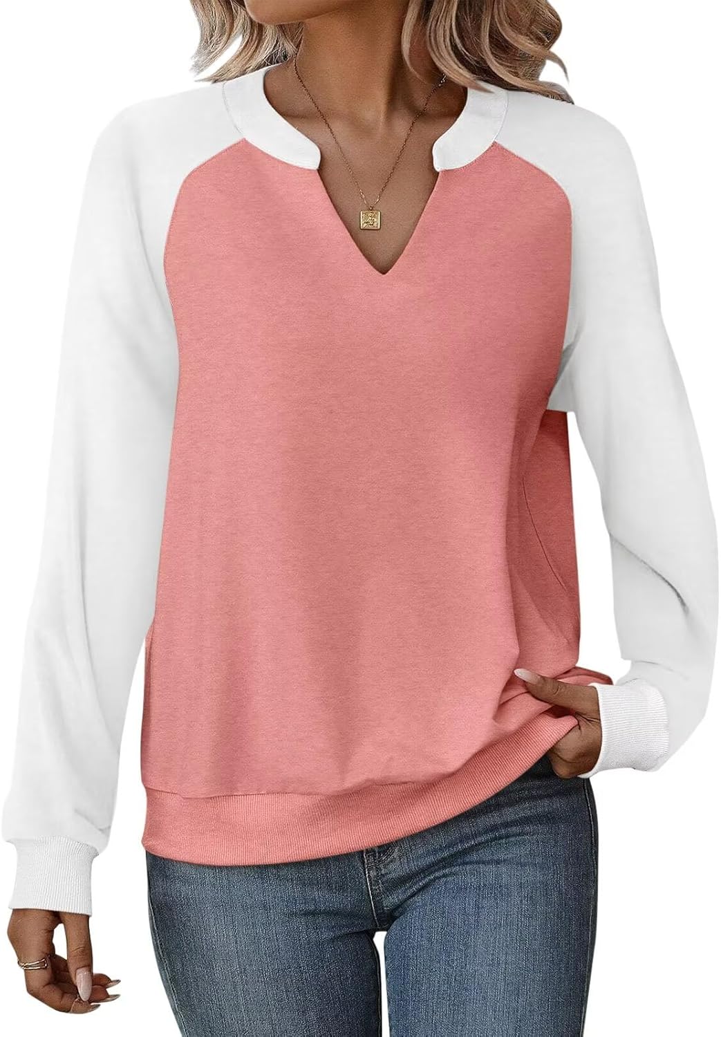 EADINVE Women Casual Long Sleeve V Neck Sweatshirts Cute Loose Fit Lightweight Pullover Tops