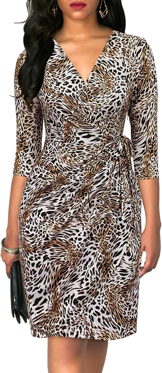 Berydress Women's Classic 3/4 Sleeve V Neck Sheath Casual Party Work Faux Black Wrap Dress