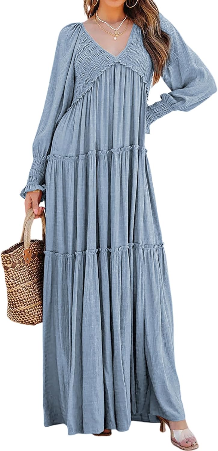 R.Vivimos Maxi Dress for Women Long Sleeve V Neck Empire Waist Layered Ruffle Boho Casual Flowy Long Dresses