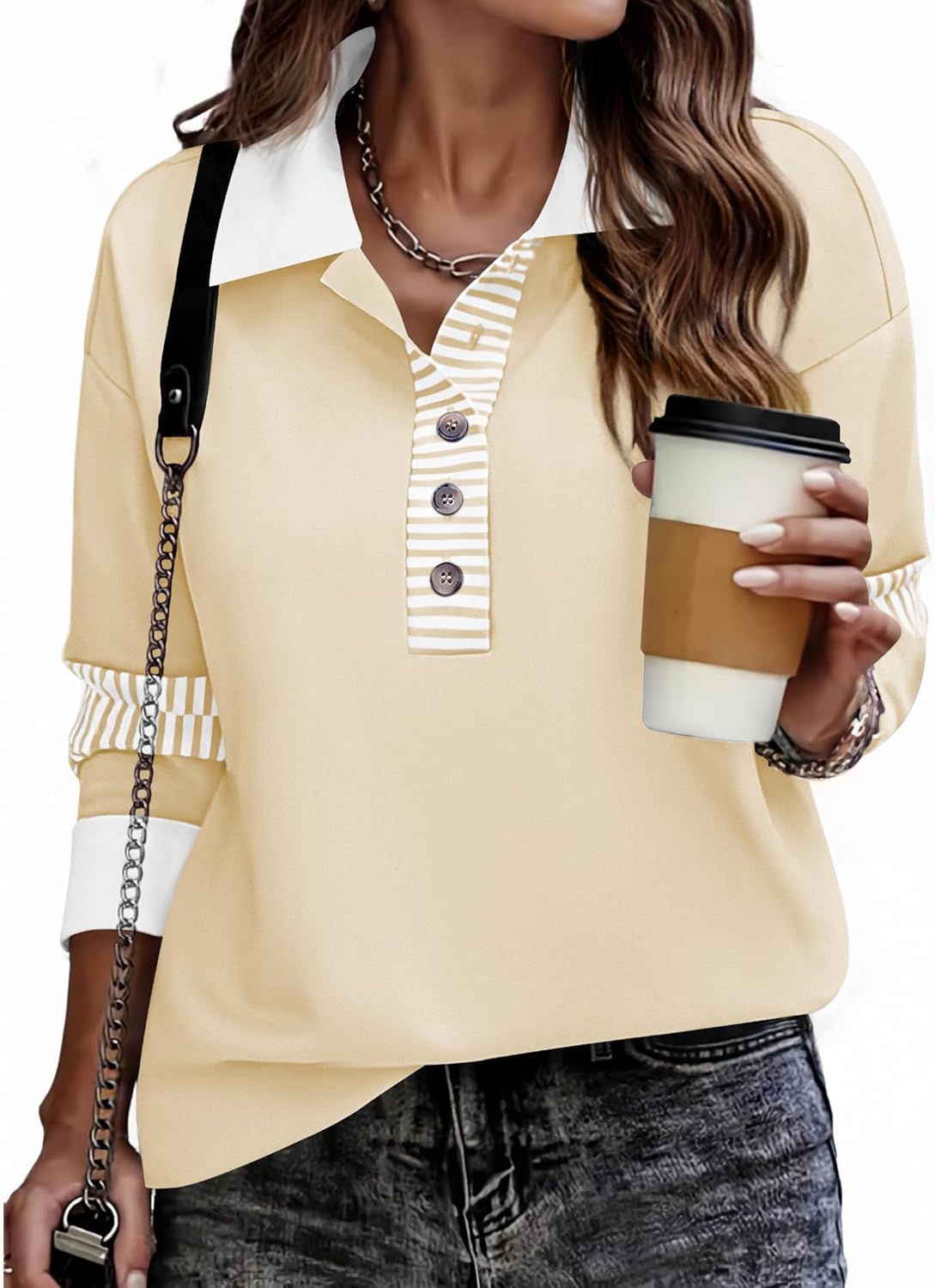 Zeagoo Womens Sweatshirt Henley V Neck Button Down Shirts Color Block Blouses Pullover 2025 Fall Business Casual Outfits