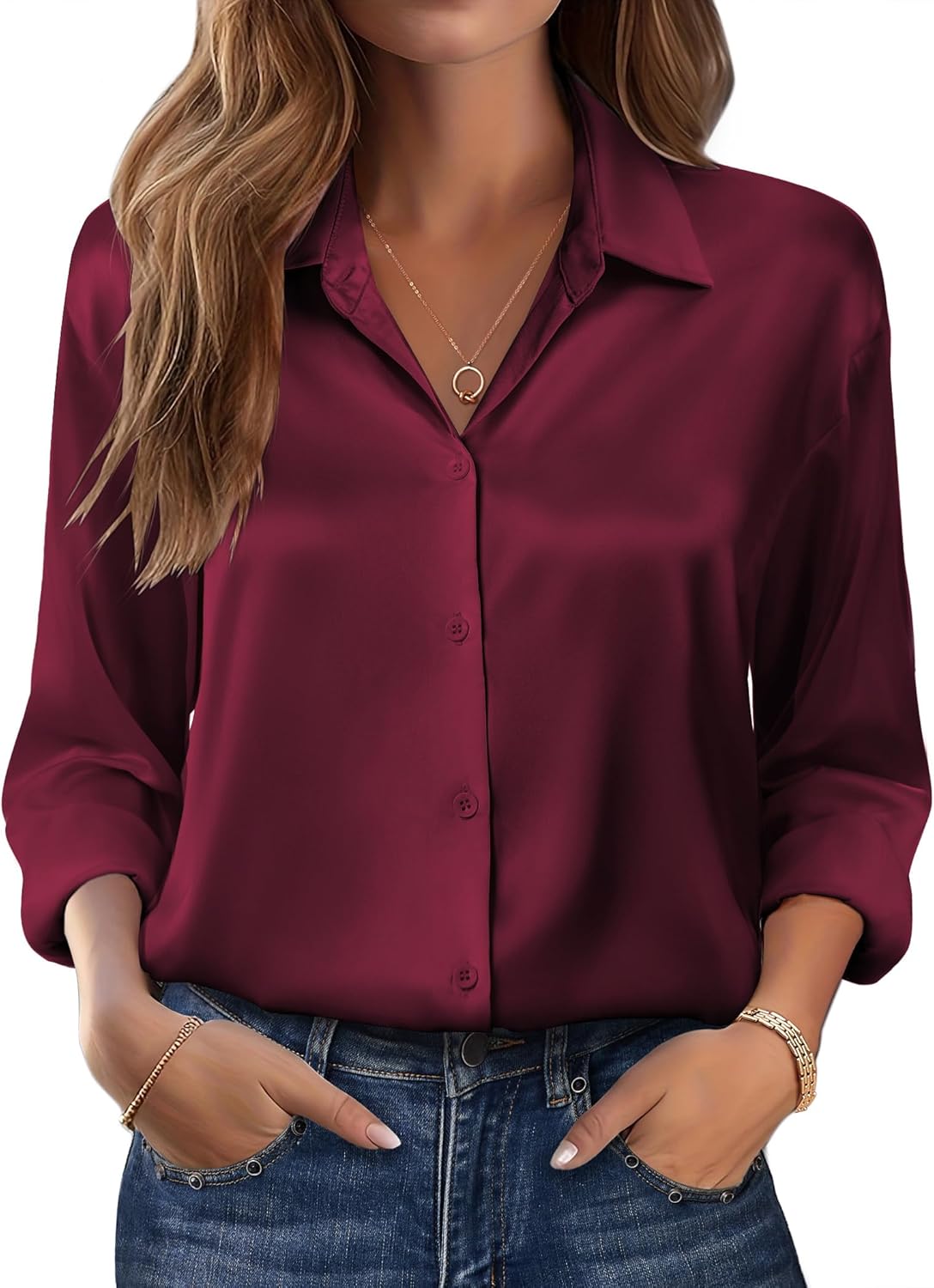Zeagoo Womens Tops Long Sleeve Satin Silk Button Down Shirts Casual Business Dressy Blouses Fall Clothes