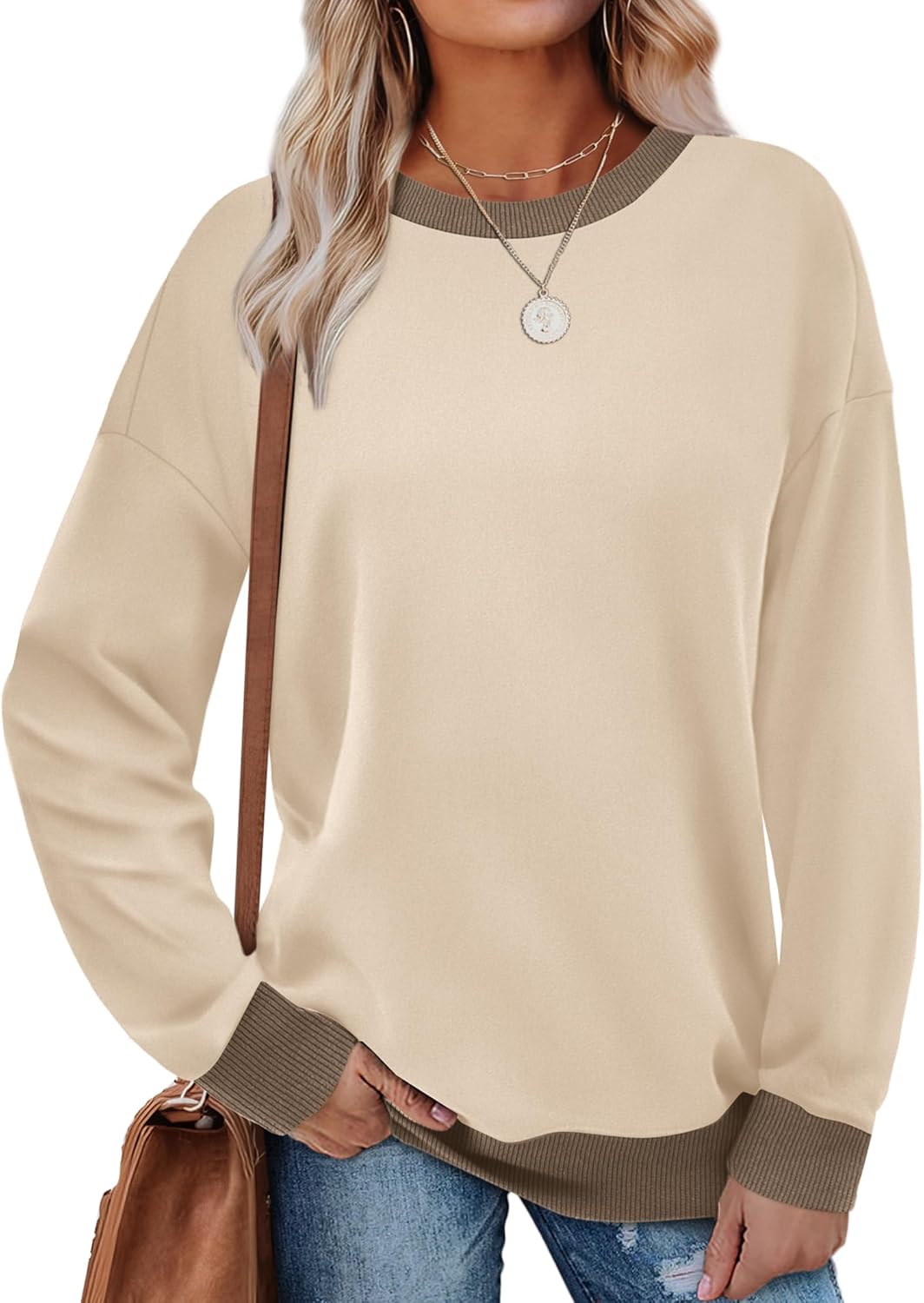 Saloogoe Sweatshirts for Women Crewneck Long Sleeve Loose Fit Tops Color Block Ribbed Trim Fashion 2025