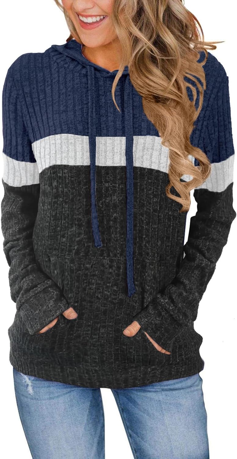 MixShe Women’s Color Block Knit Hoodie – Casual Long Sleeve Pullover Sweater Tops with Pocket