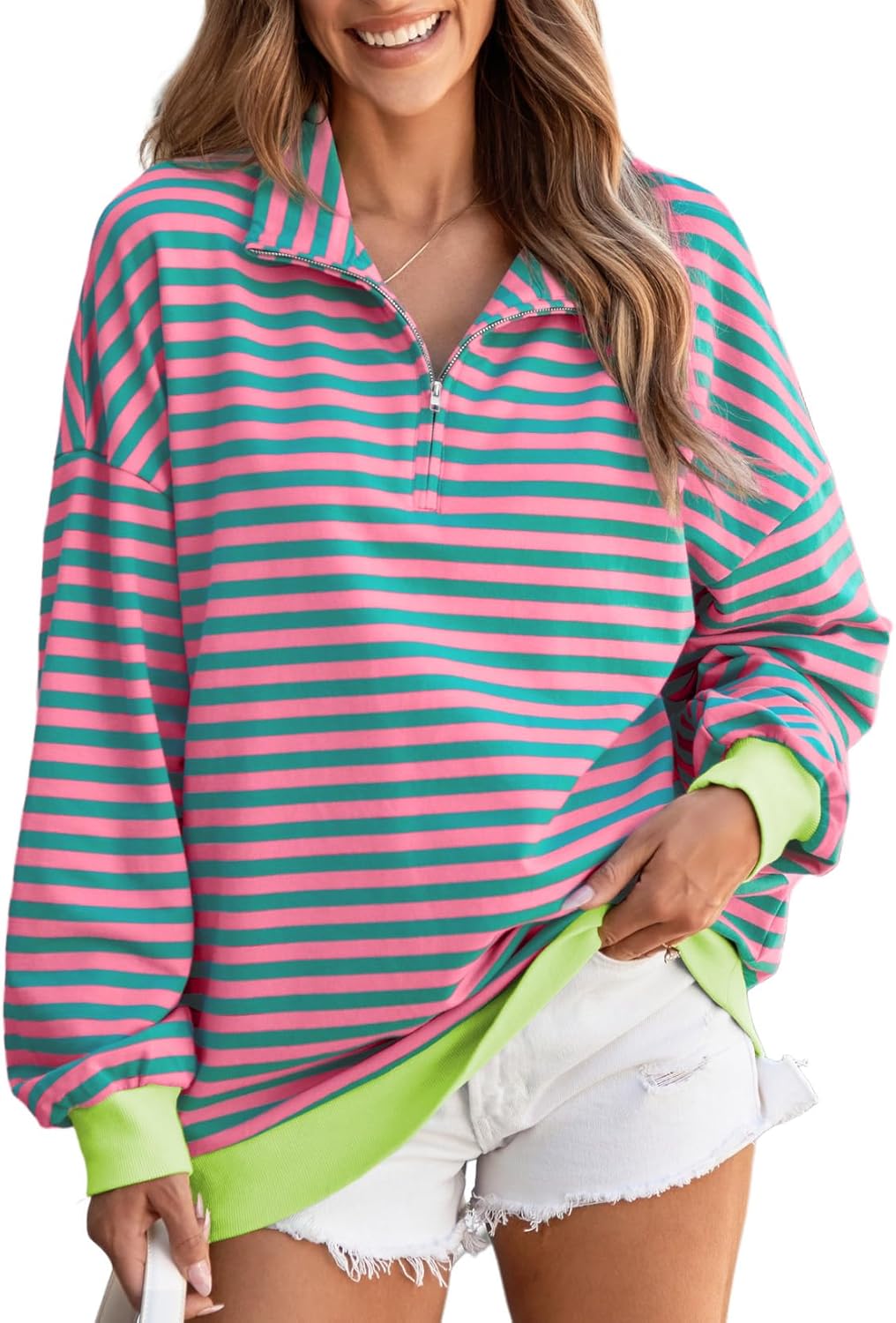 EVALESS Oversized Sweatshirt for Women 2024 Fall Outfits Fashion Long Sleeve Shirts Striped Quarter Zip Pullover Tops