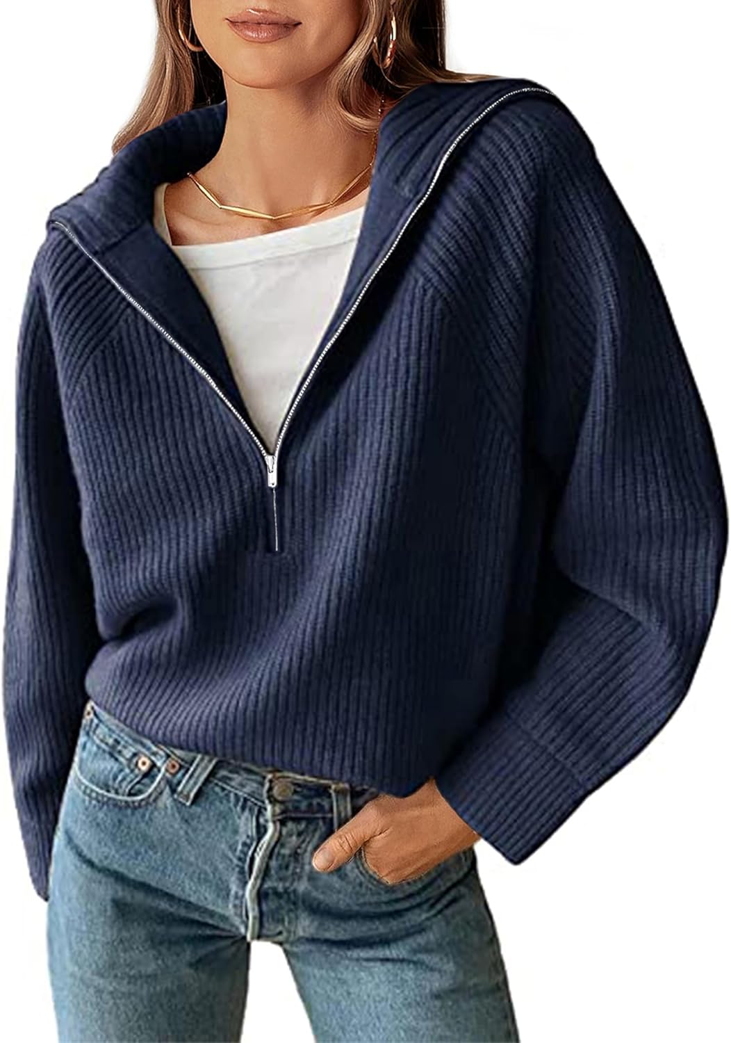 BTFBM Womens Sweaters Quarter Zip Pullover V Neck Collar Long Sleeve Ribbed Knit Loose Casual 2025 Winter Fall Sweater