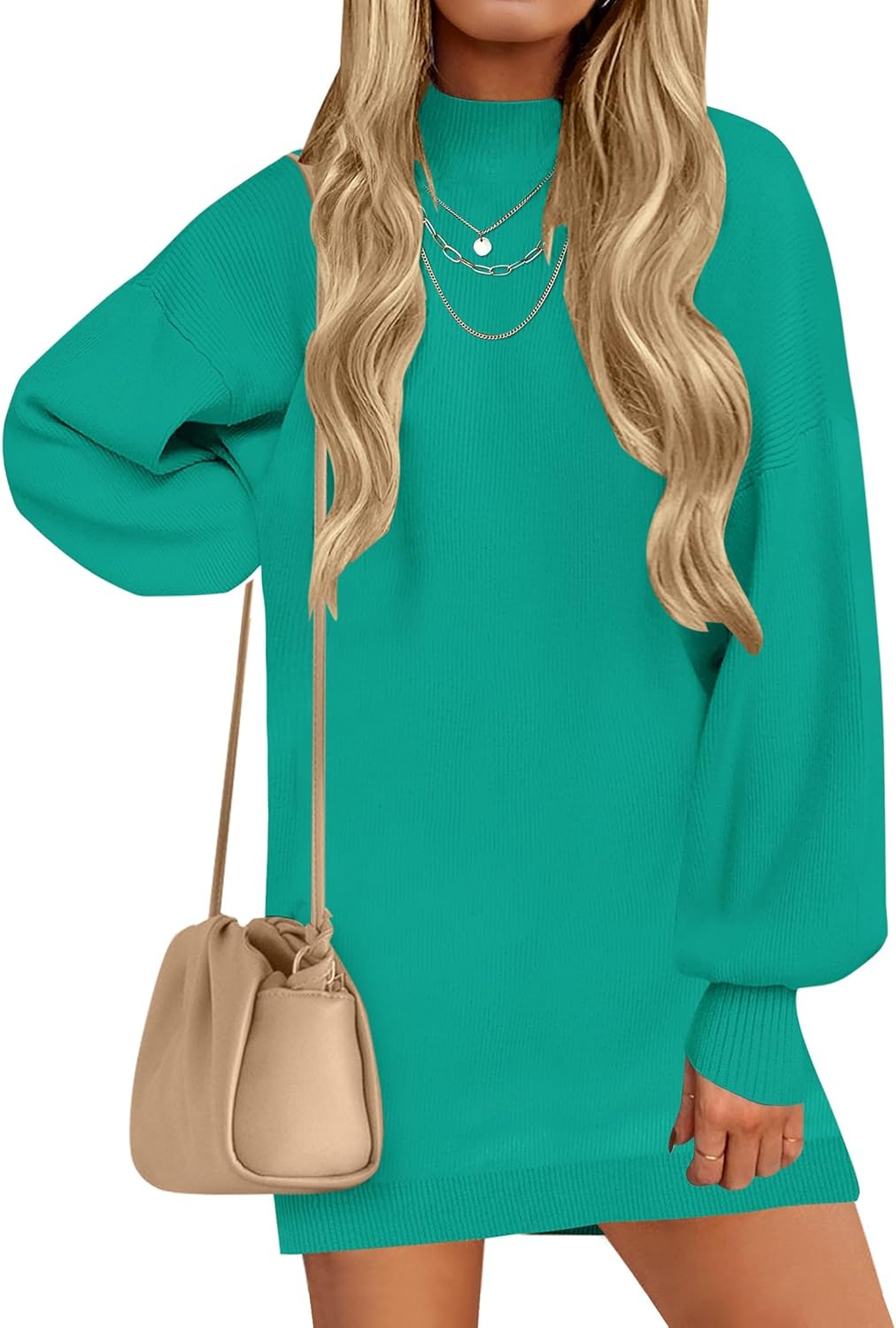 ZESICA Women's 2025 Fall Turtleneck Sweater Dress Oversized Long Lantern Sleeve Casual Knit Pullover Mini Dresses