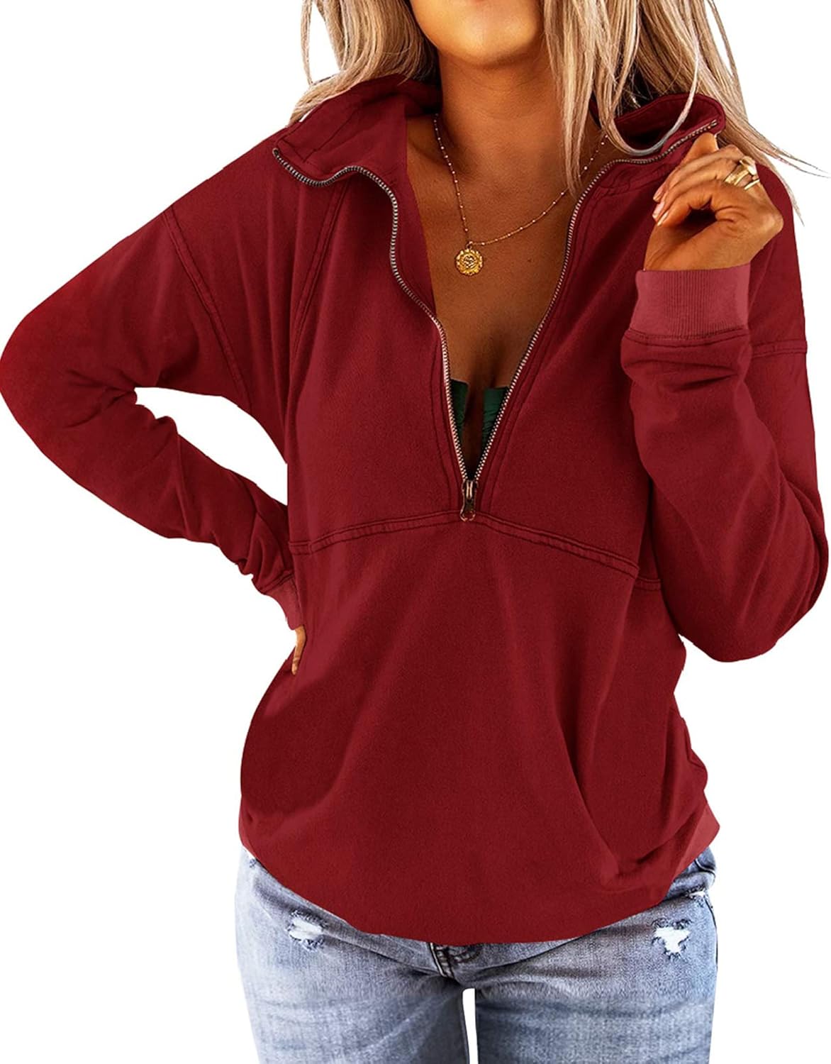 Floral Find Women's Long Sleeve Lapel Half Zip Up Sweatshirt Solid Stylish Loose Fit Casual Pullover Tops