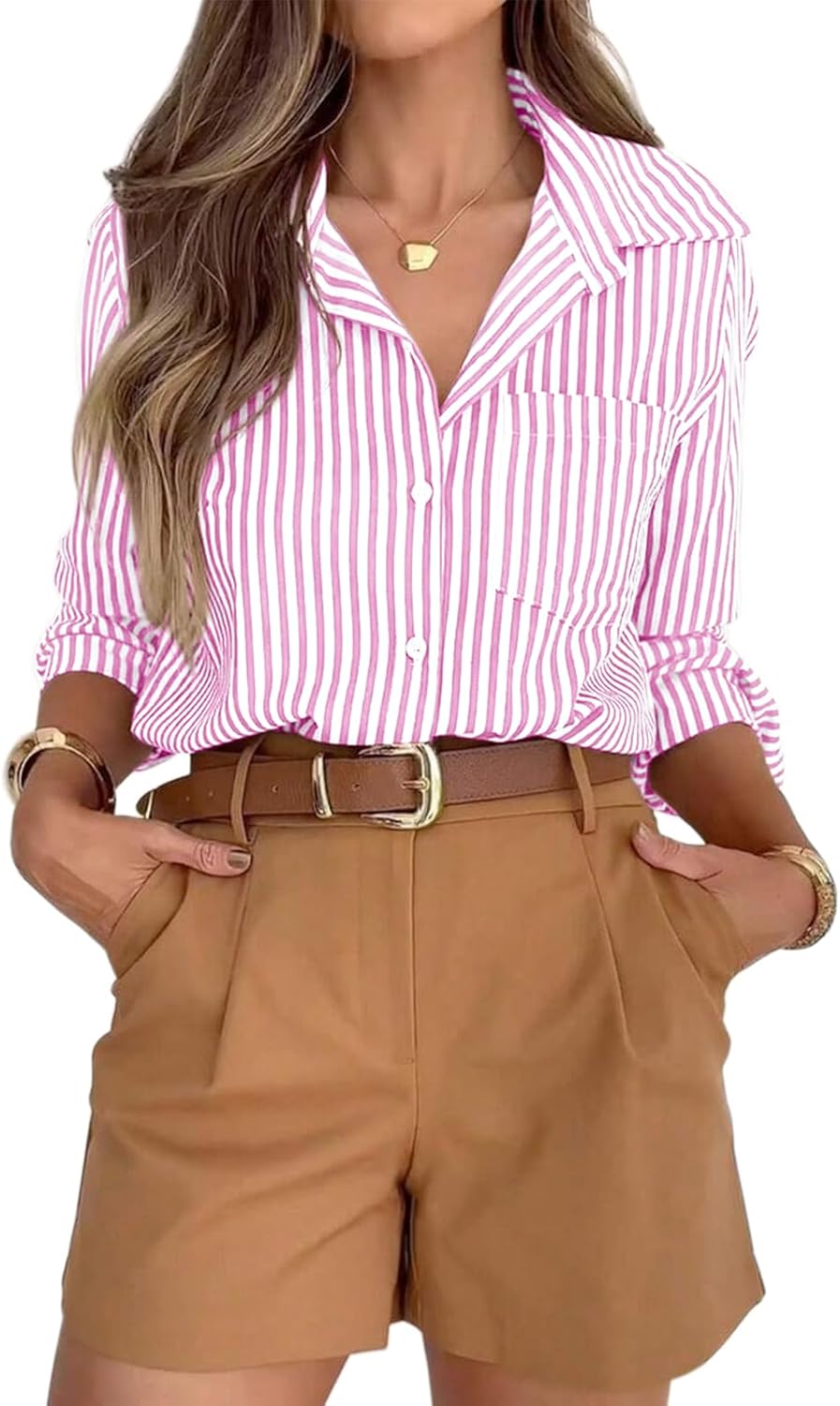 siliteelon Striped Button Down Shirts for Women Dress Shirts Long Sleeve Casual Collared Office Work Shirt with Pocket