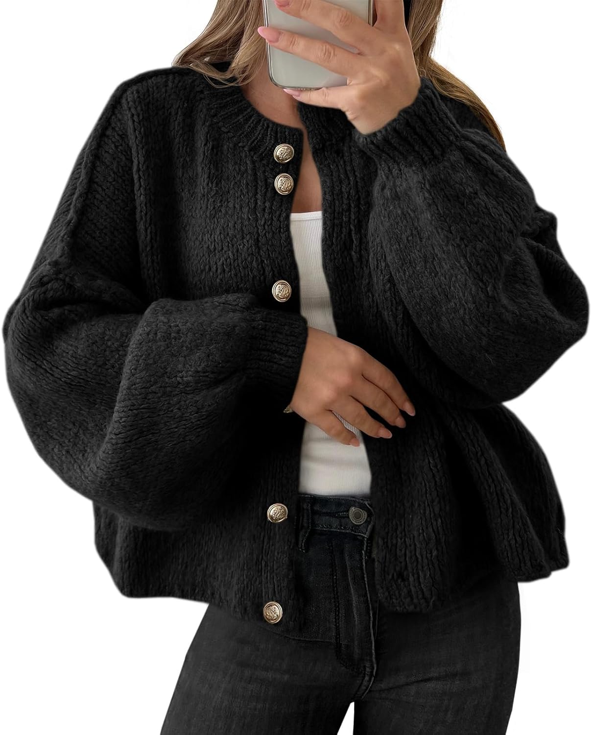 Saodimallsu Womens Oversized Cardigans Button Up Long Lantern Sleeve Chunky Knit Casual Soft Fall Sweater Coats