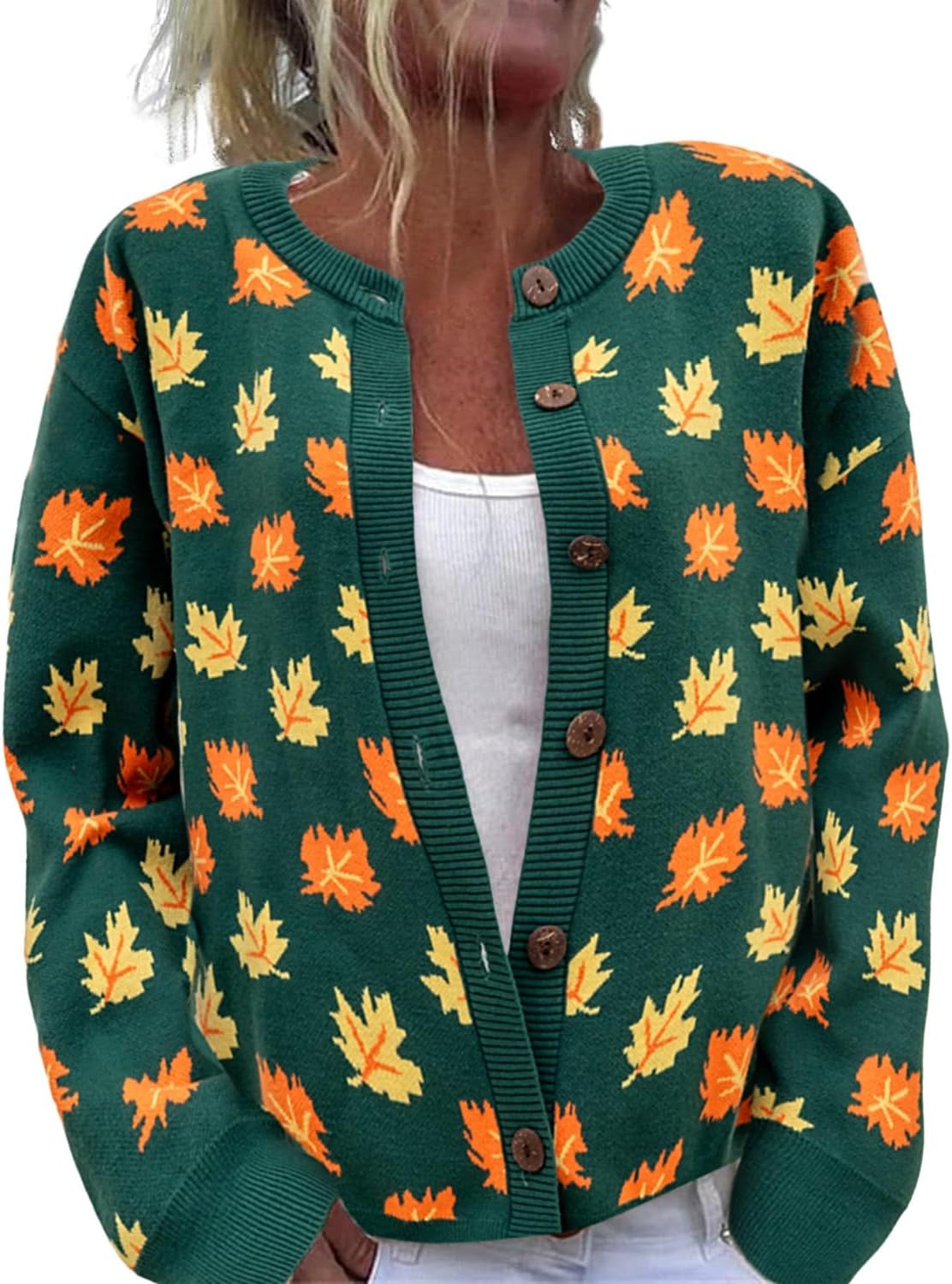 Women's Funny Fall Winter Animal Floral Christmas Tree Long Sleeve Button Knit Cardigan Sweater