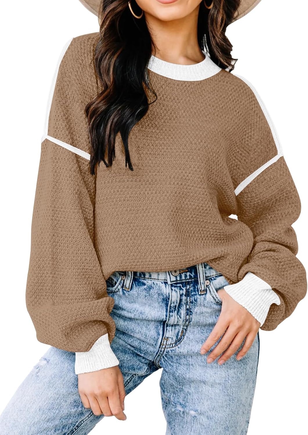 Womens Sweaters Fall 2025 Fashion Long Sleeve Color Block Oversized Sweater Trendy Casual Crew Neck Knitted Tops Pullover