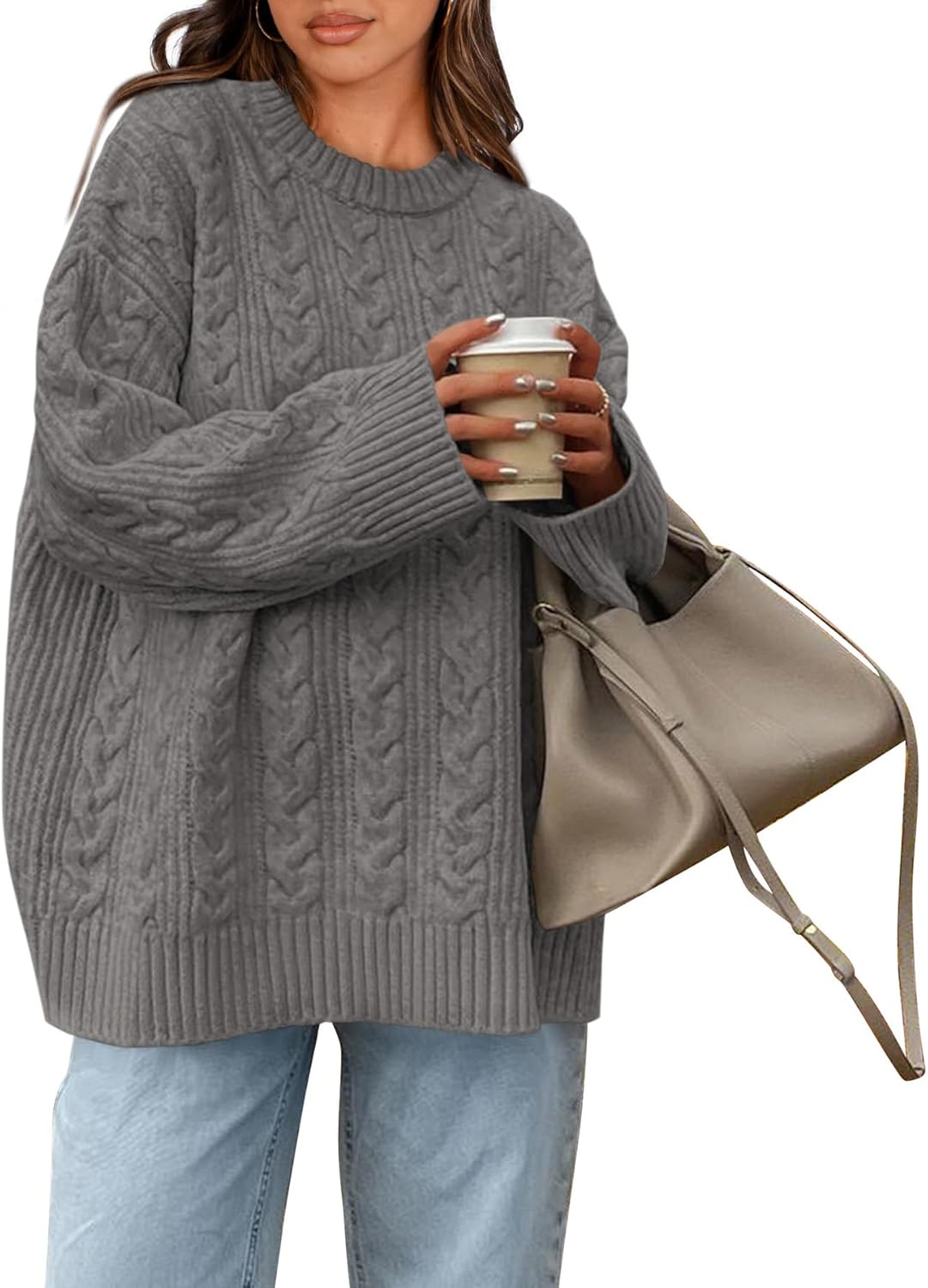 Okiwam Women's Oversized Sweaters Crewneck Cable Knit Pullover Casual Loose Fall Outfits Fashion Clothes 2025