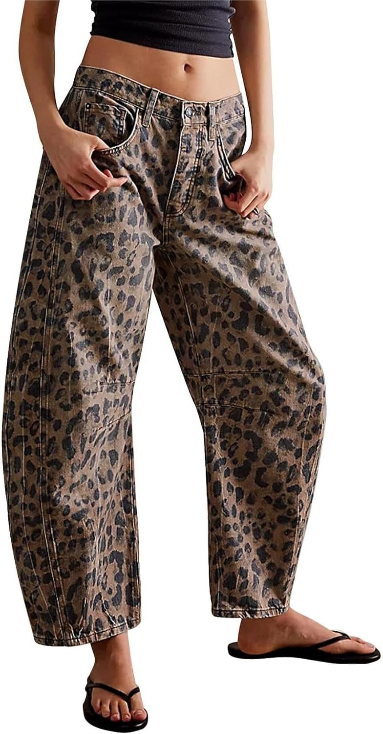 Womens Stretchy Mid Rise Barrel Jeans Vintage Loose Wide Leg Cropped Denim Pants Y2k Baggy Boyfriend Jeans