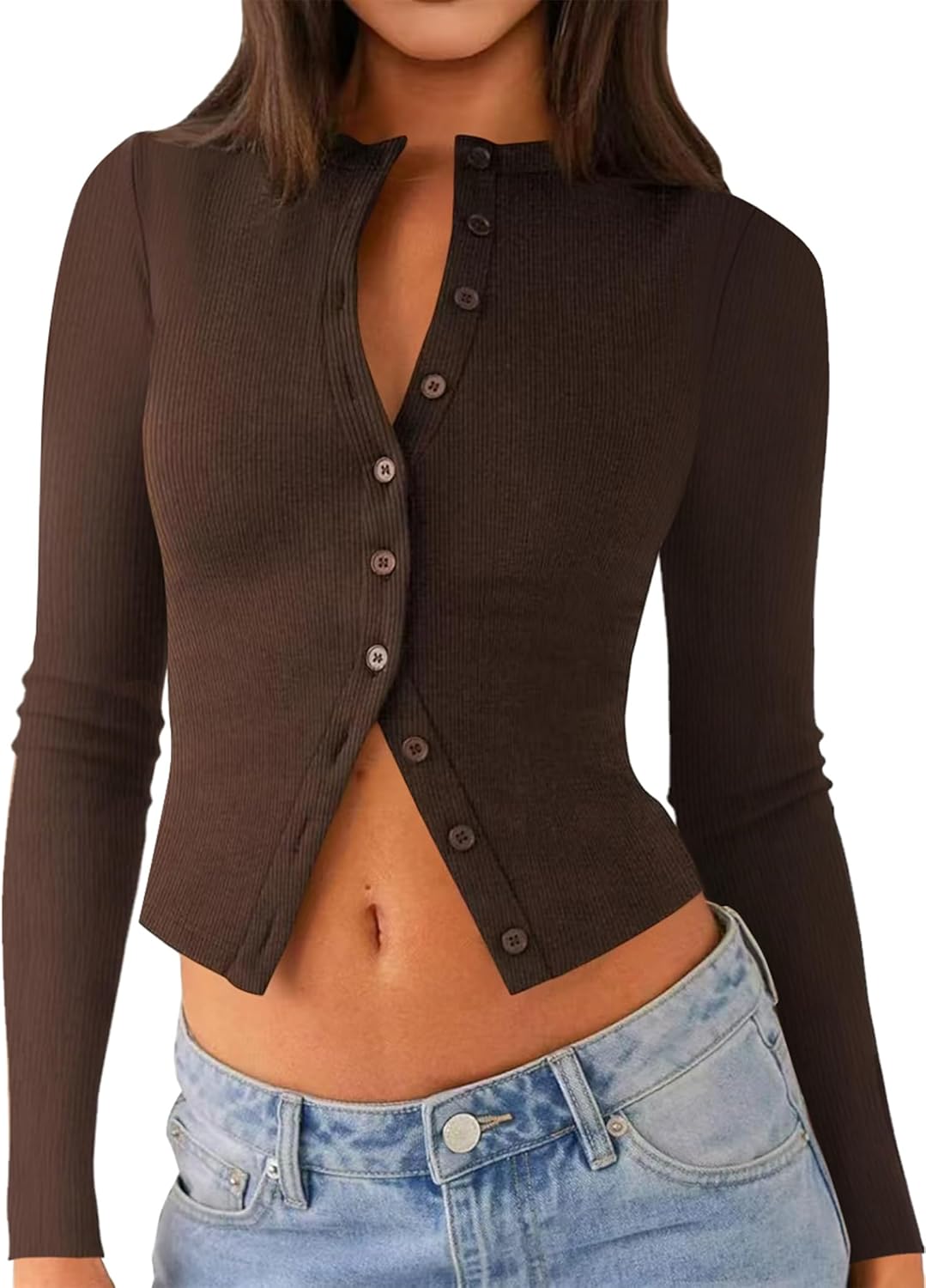Womens Long Sleeve Tops Fall Lightweight Cardigan Cropped Going Out Shirts Ribbed Button Down Cute Trendy 2025