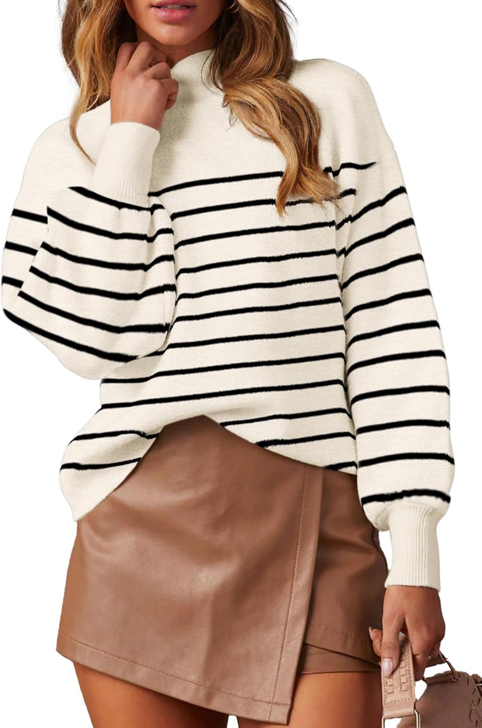 WEACZZY Women's 2025 Fall Fashion Casual Sweaters Mock Neck Long Lantern Sleeve Lightweight Knit Pullover Sweater Tops