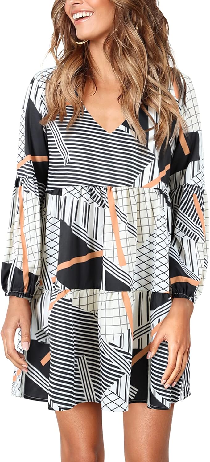 Amoretu Womens Tunic Dress Long Sleeve V Neck Casual Loose Flowy Swing Shift Dresses