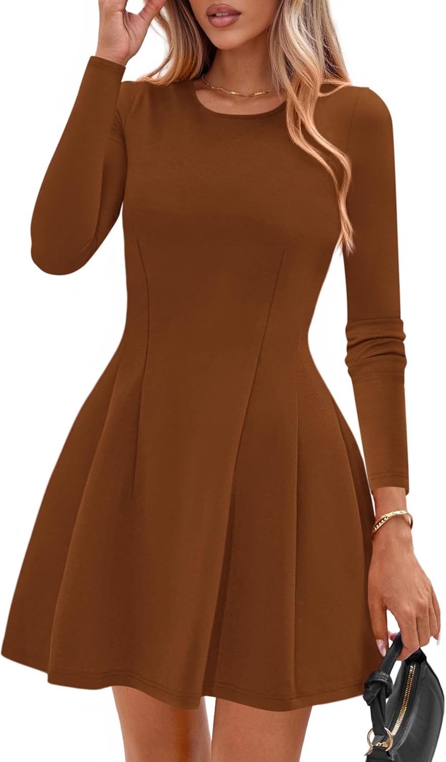 PRETTYGARDEN Long Sleeve Mini Dress for Women 2025 Fall Crewneck Knit Pleated Babydoll A Line Soft Casual Short Party Dresses