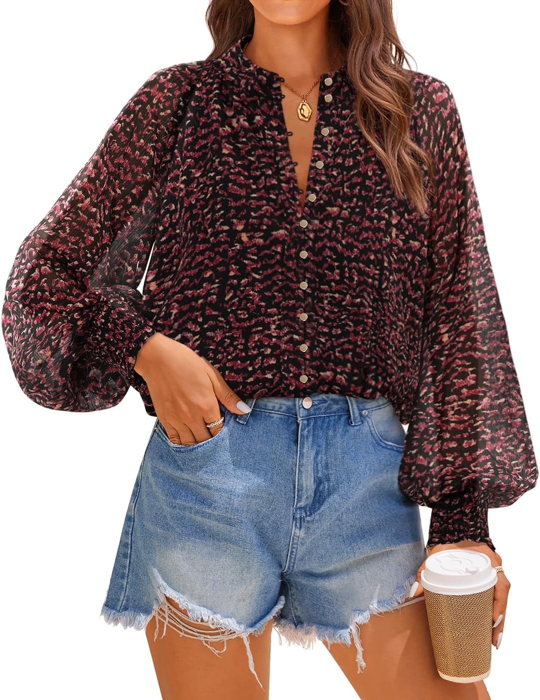 ZESICA Women's Floral Print Blouse 2025 Long Sleeve Button Down Casual Fall Boho Oversized Tops Shirts