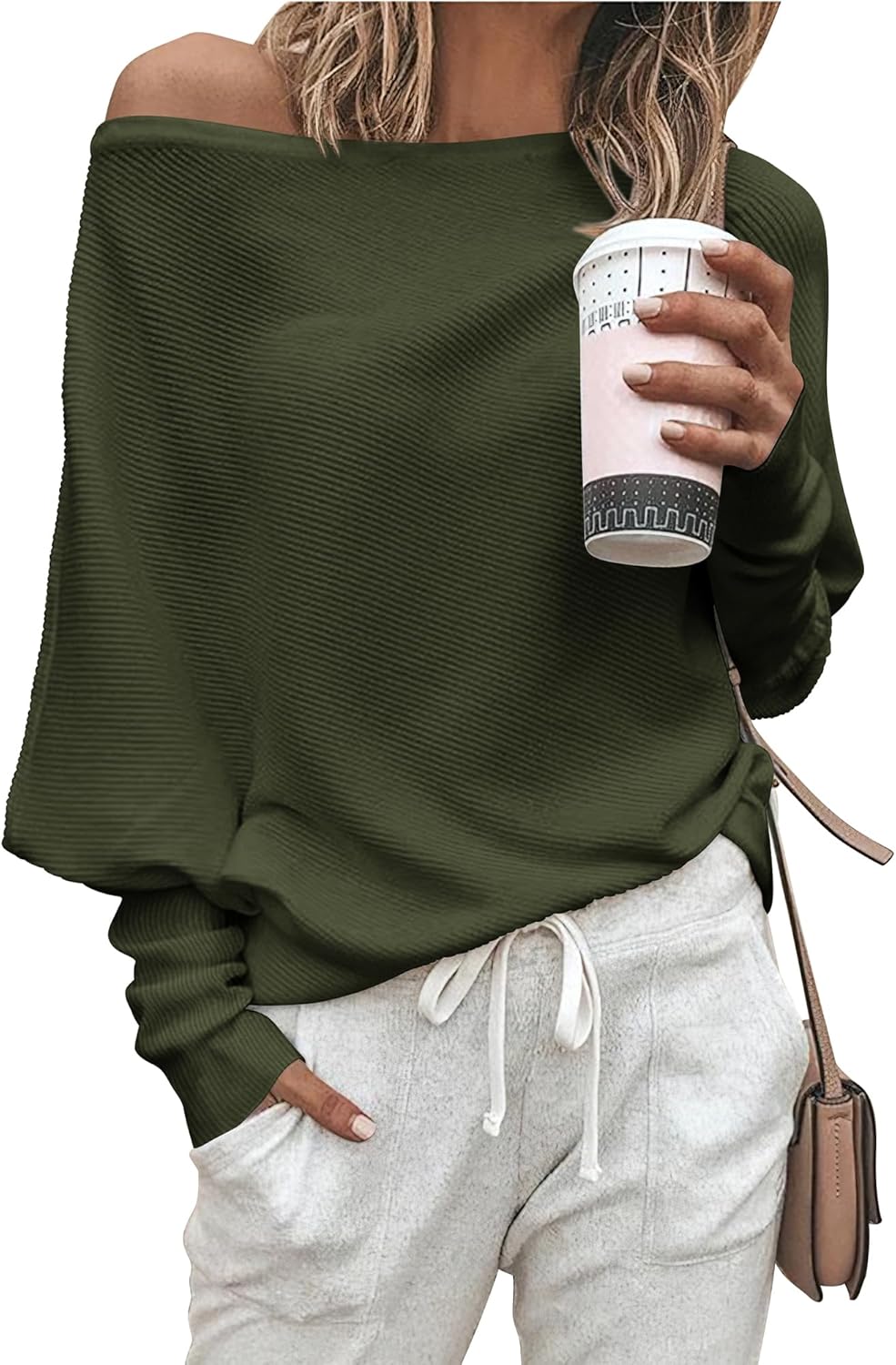 Zenlonr Women's Fall Sweaters 2025 Casual Long Batwing Sleeve Loose Off Shoulder Knit Pullovers Jumper Tops