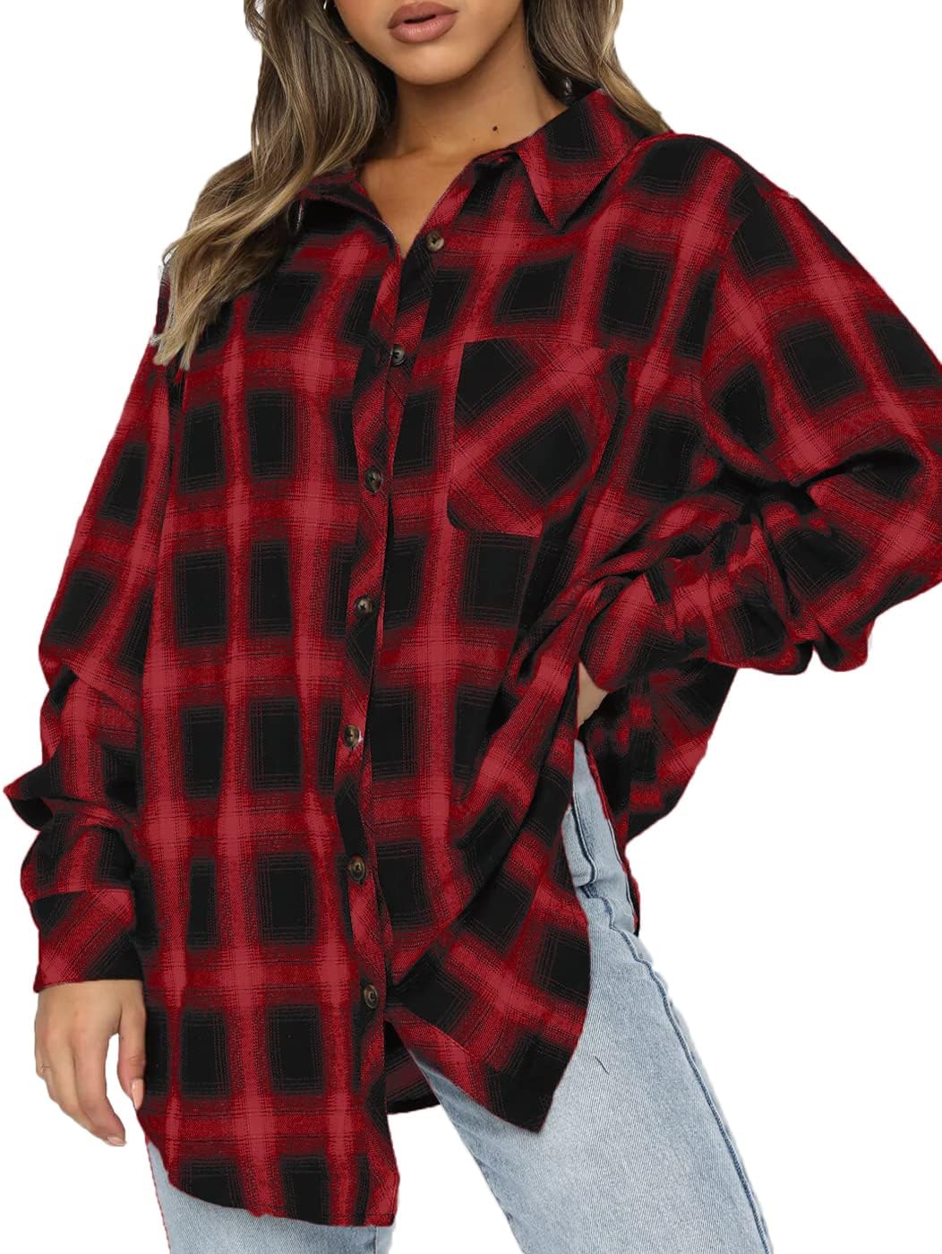 CHYRII Womens Button Down Flannel Shirts Long Sleeve Plaid Shackets Business Casual Blouse Top