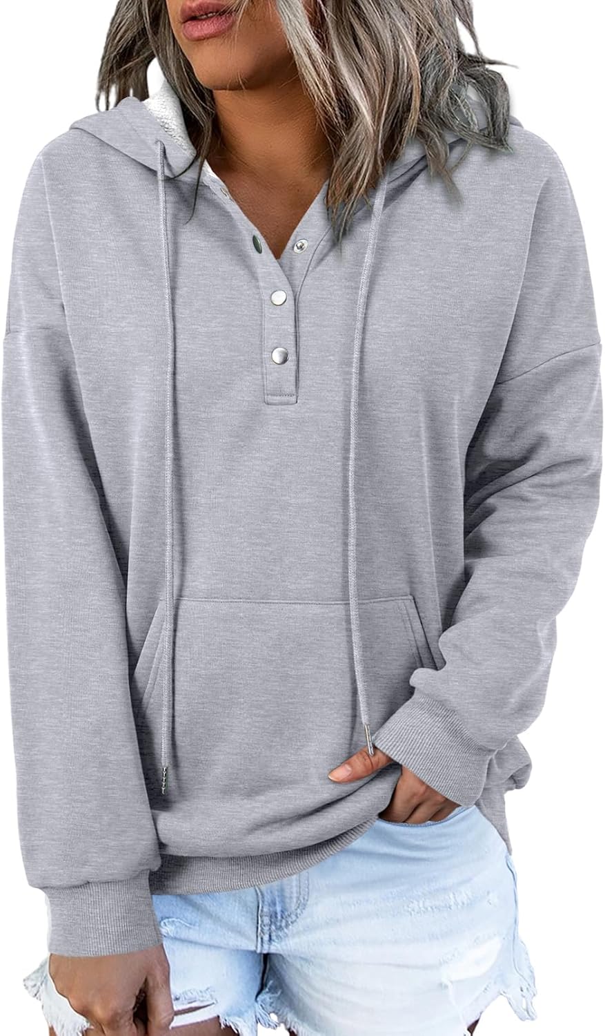 Dokotoo Womens 2025 Hoodies Button Collar Drawstring Hooded Pullover Sweatshirt Casual Long Sleeve Tops Shirts