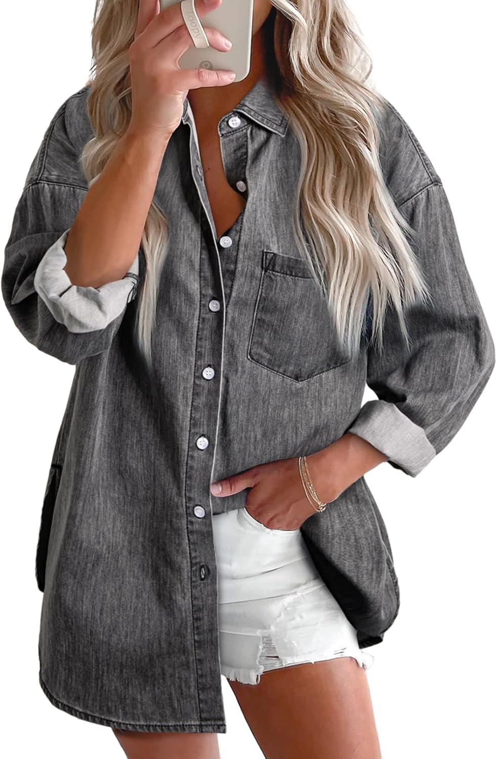 Astylish Women Denim Shirts Button Down Blouse V Neck Casual Tops