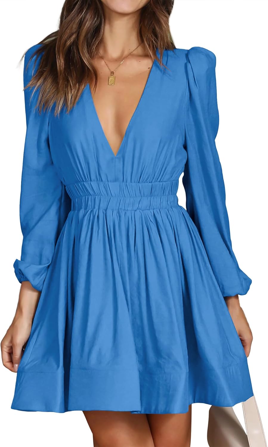 FAIABLE Mini Deep V Sexy Long Sleeve Dress for Women A-line High Waisted Casual Flowy Dress for Cocktail Wedding Guest