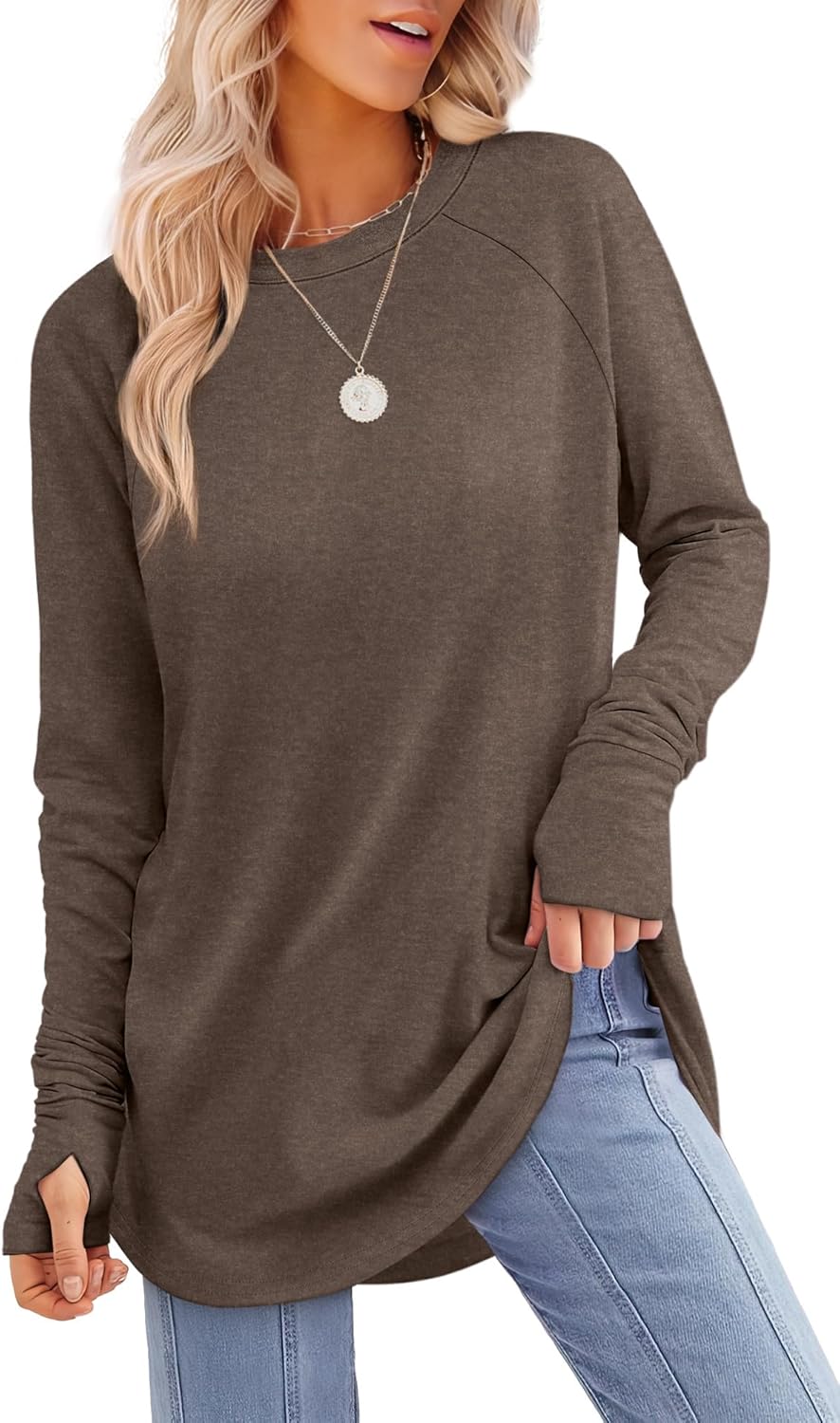 XIEERDUO Womens Tunic Tops to Wear with Leggings Long Sleeve Thumb Hole Shirts Crew Neck Curved Hem