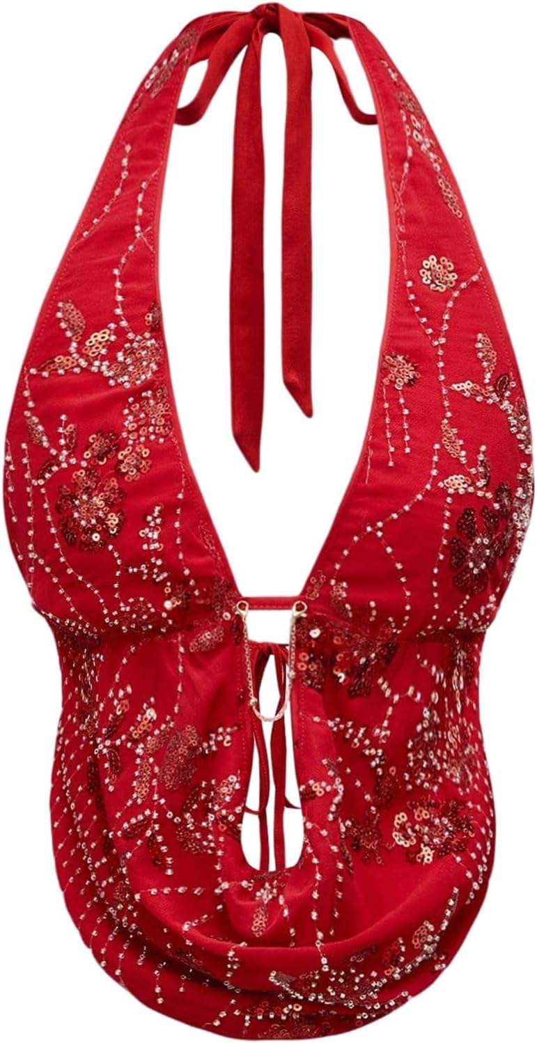 Verdusa Women's Cheetah Print Sequin Top Y2K Tie Back Corset Halter Going Out Crop Tops