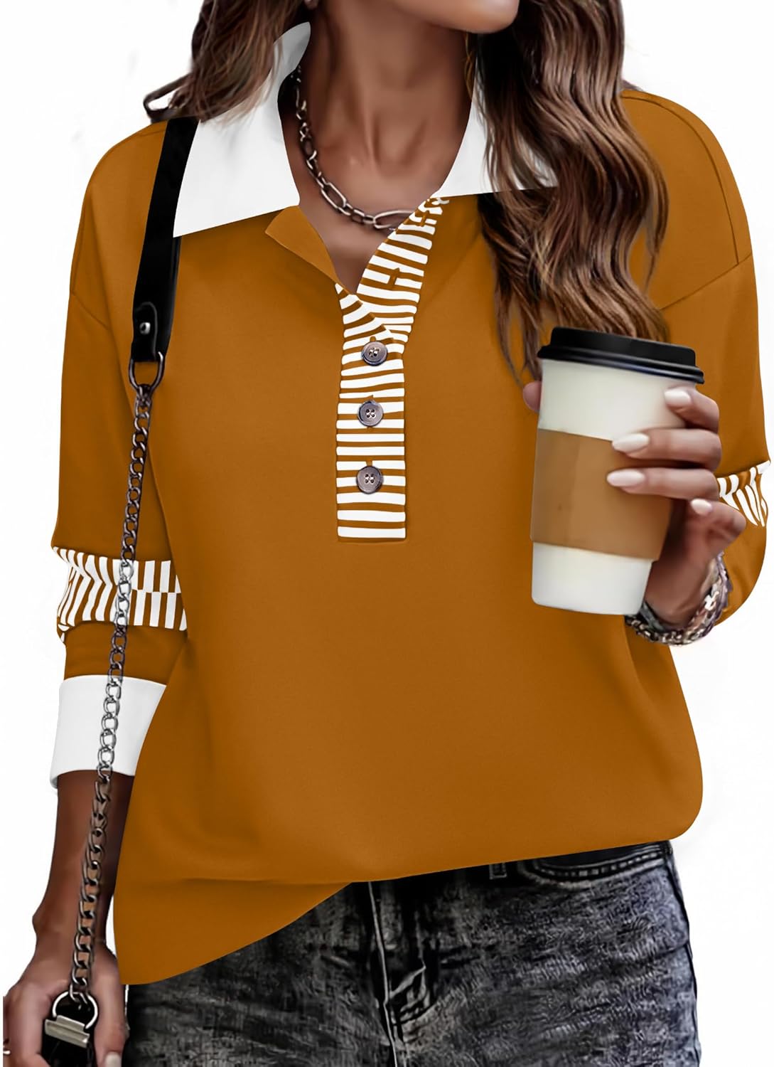 Zeagoo Womens Sweatshirt Henley V Neck Button Down Shirts Color Block Blouses Pullover 2025 Fall Business Casual Outfits