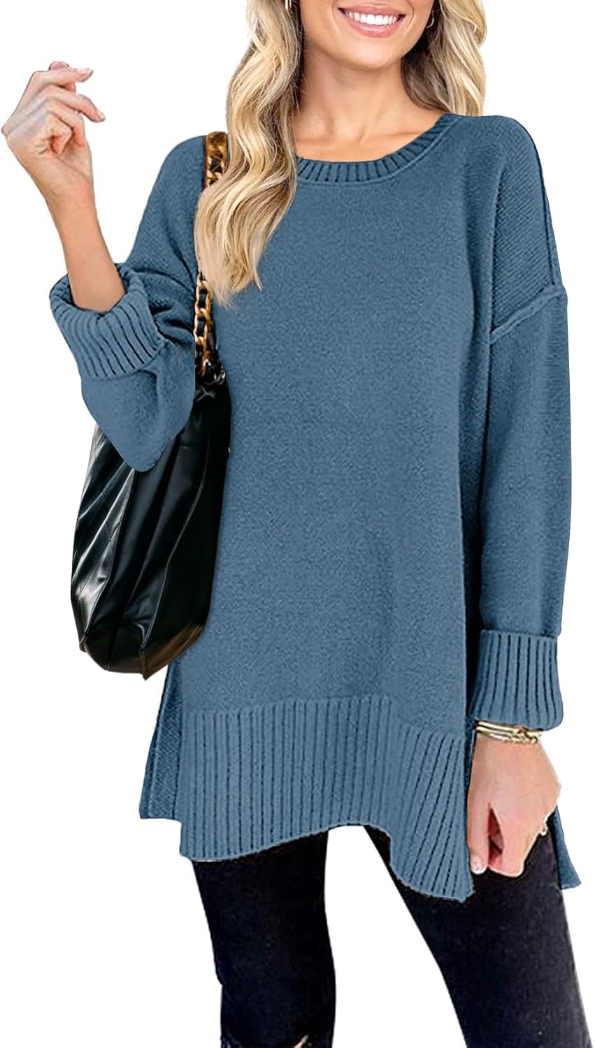 MEROKEETY Women's 2025 Fall Winter Oversized Pullover Sweater Casual Loose Crew Neck Long Sleeve Side Split Jumper Tops