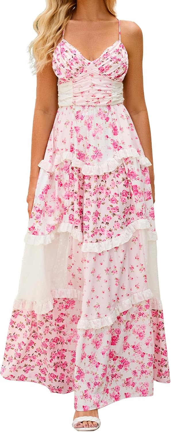 Women Floral Maxi Dress Spaghetti Straps V Neck Patchwork Flowy Boho Sundress Tiered Long Dresses
