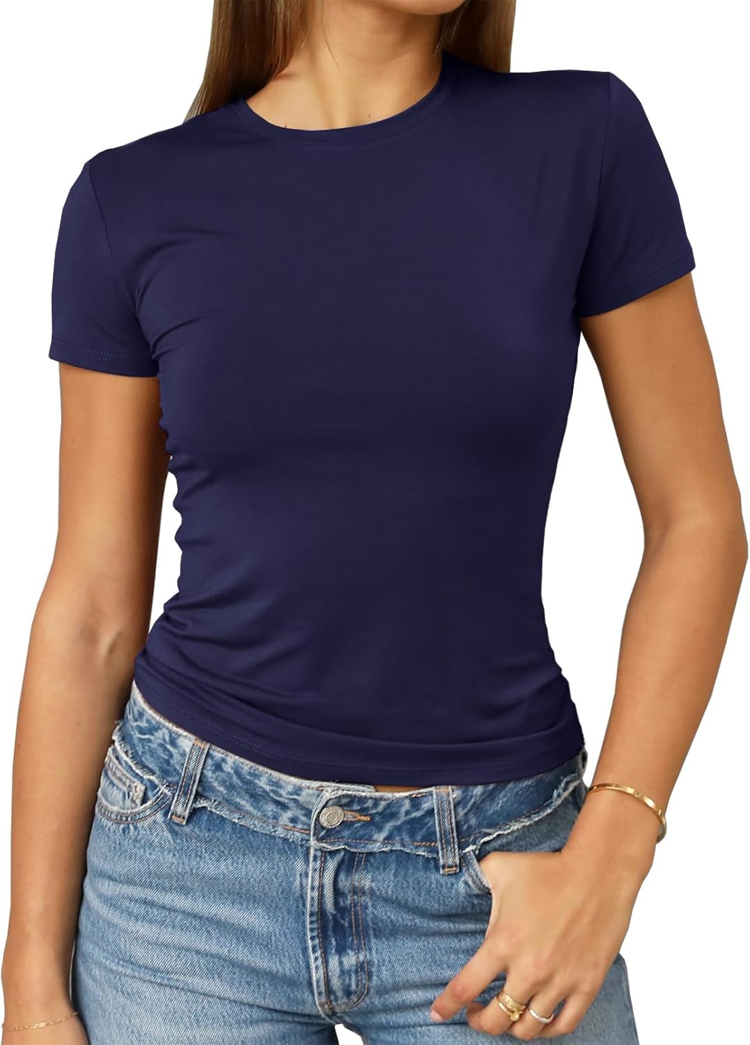 Abardsion Women's Casual Basic Going Out Crop Tops Slim Fit Short Sleeve Crew Neck Tight T Shirts 2025