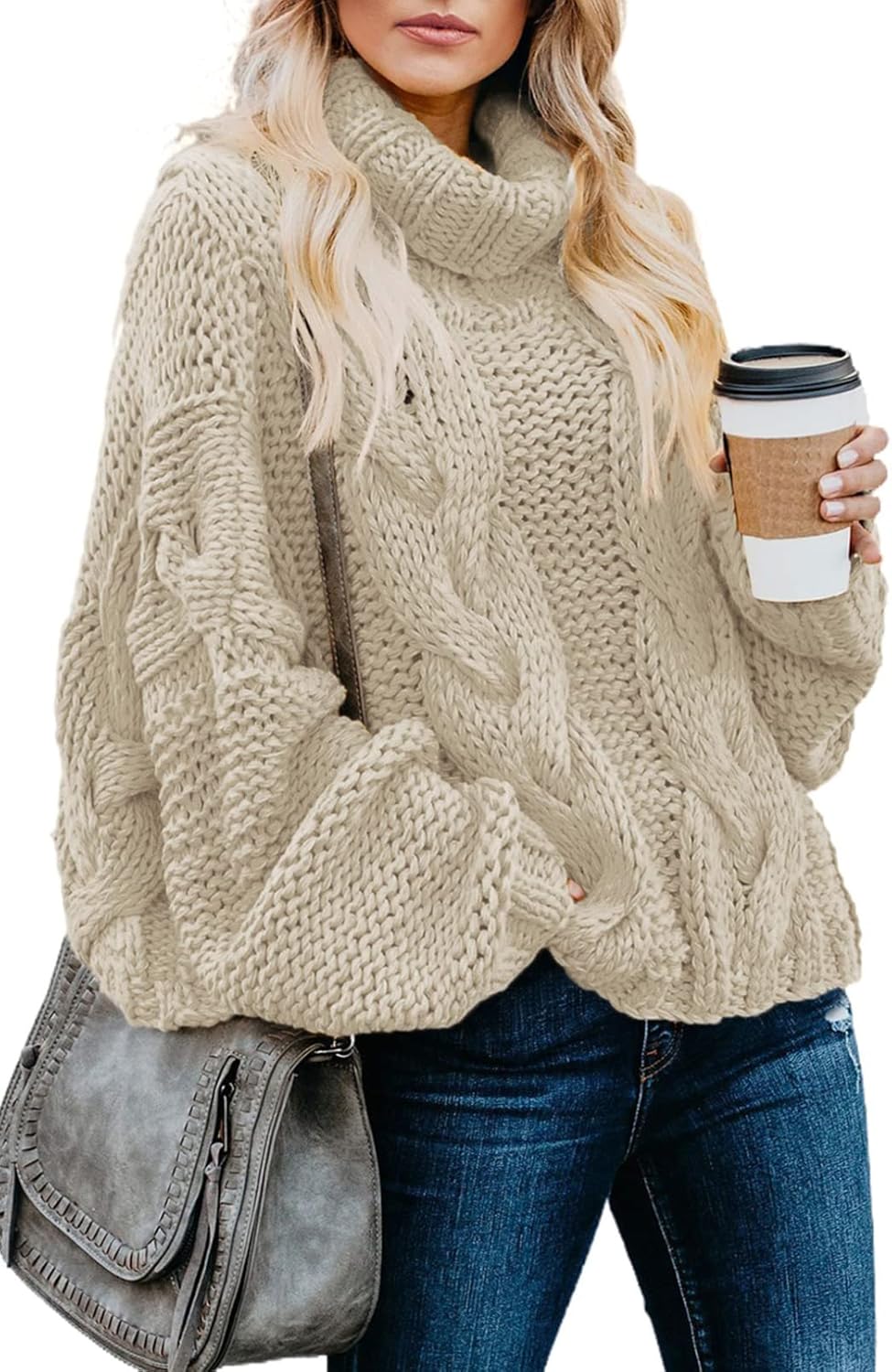 Dokotoo Womens 2025 Winter Fall Solid Turtleneck High Neck Balloon Long Sleeve Sweaters Pullover Outerwear