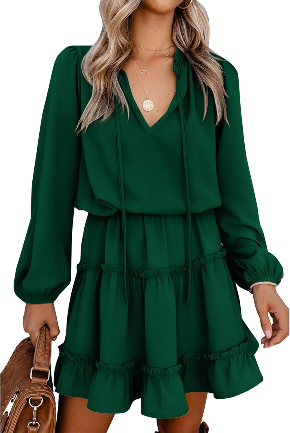 BTFBM Long Sleeve Fall Dresses for Women 2025 Summer Casual Tie Neck Ruffle Tiered A Line Wedding Guest Short Mini Dress