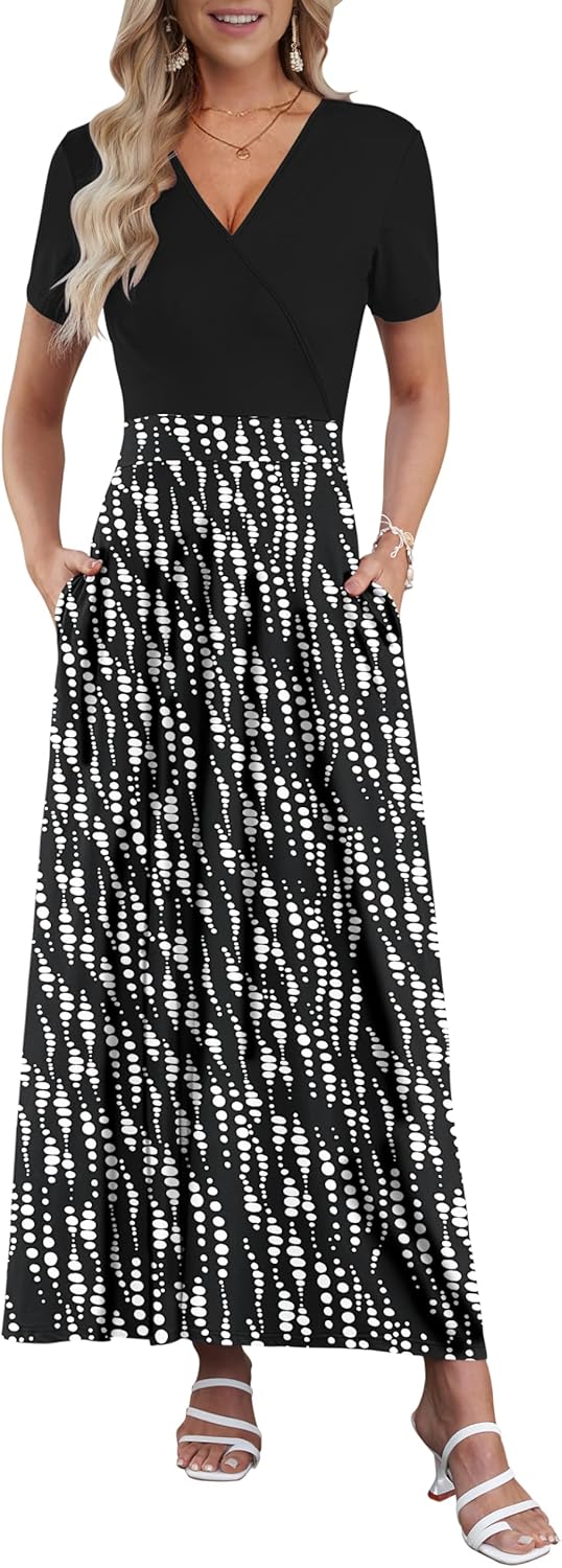 AUSELILY Maxi Dresses for Women Ankle Length Floral Print Beach Long Flowy Dress with Pockets