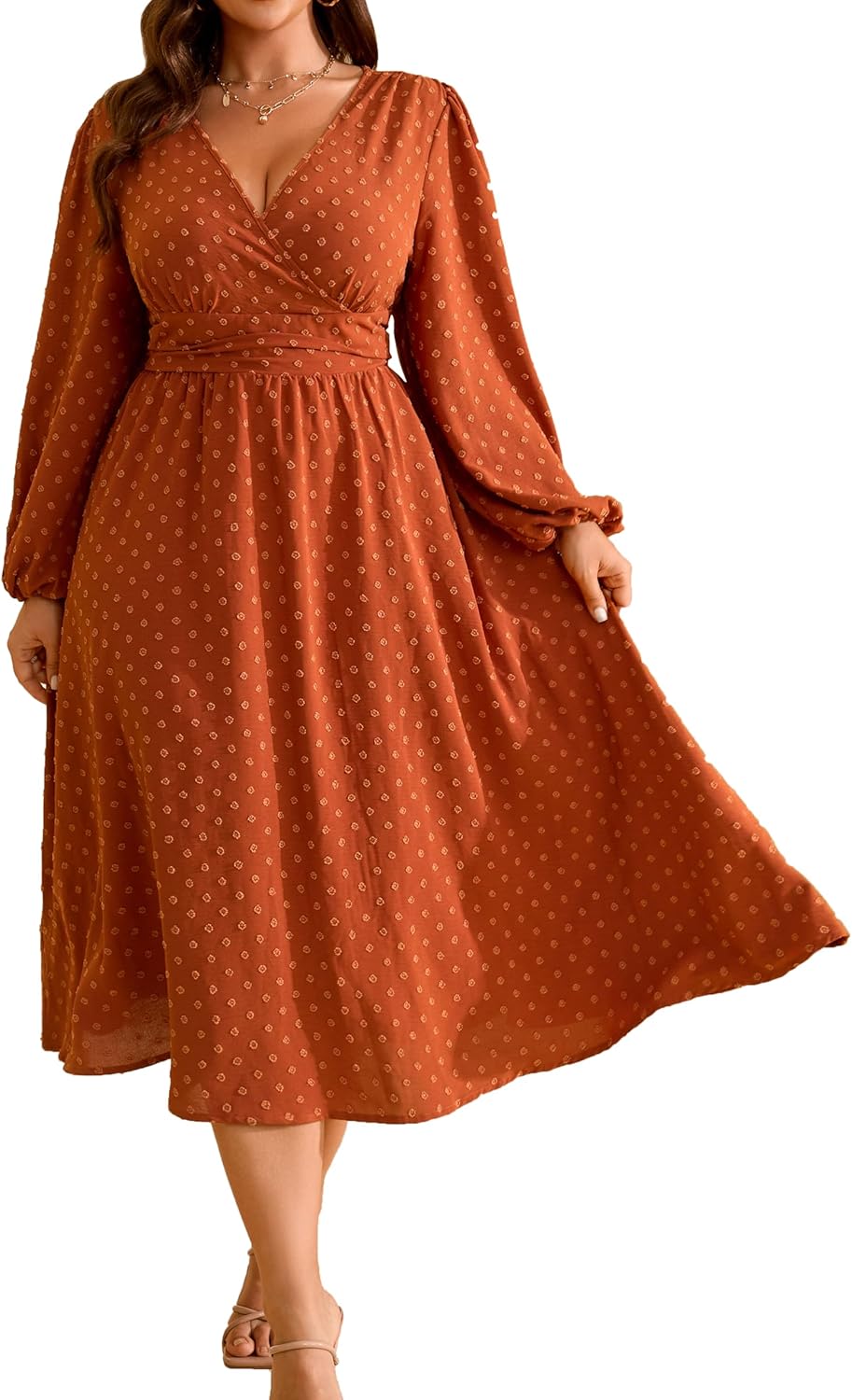 RWJ Women's Plus Size Fall Wedding Guest Dress Wrap V Neck Swiss Dot Lantern Long Sleeve Swing Boho Casual Dresses