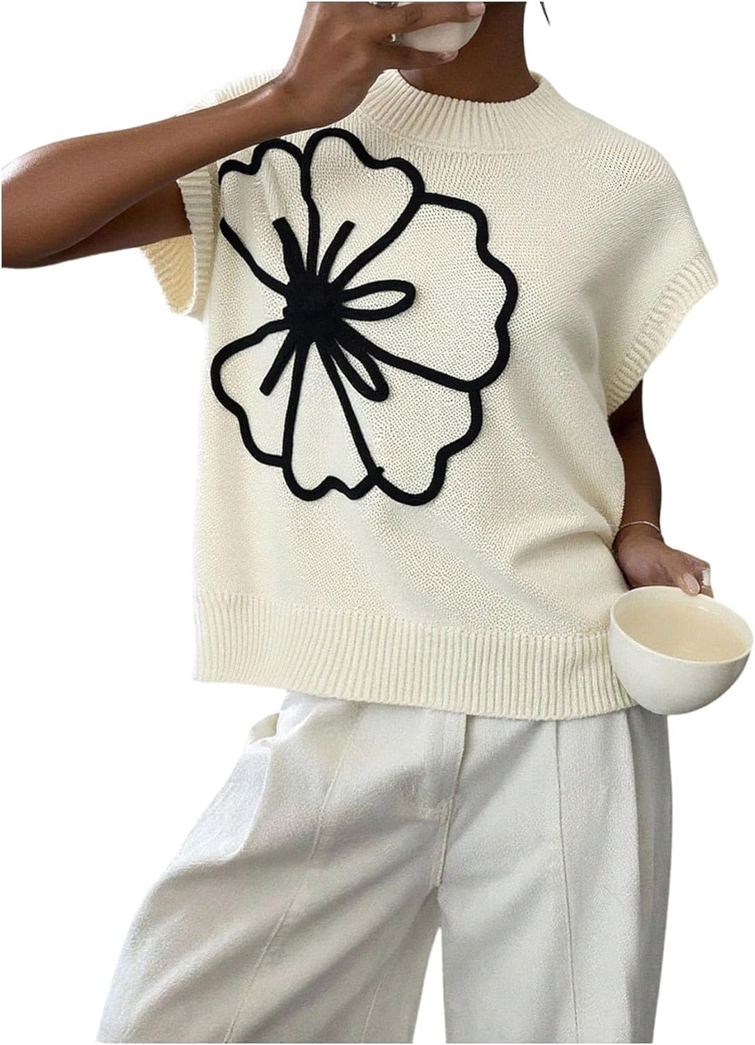 SOLY HUX Women's Ribbed Sweater Crew Neck Short Sleeve Loose Fit Floral Knit Pullover Tops