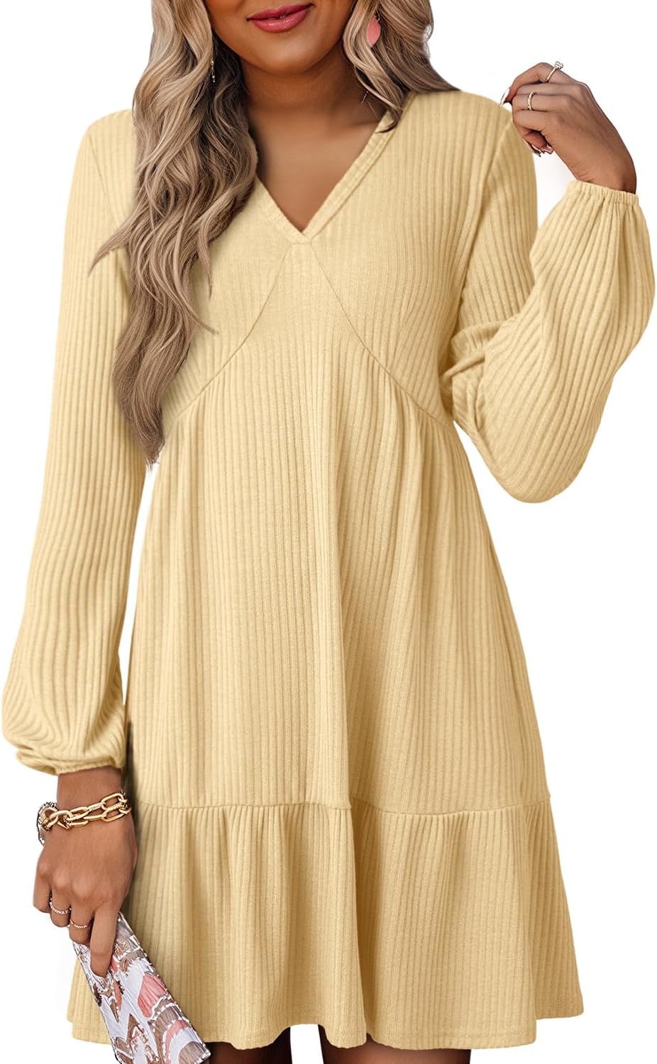 Dokotoo Fall Dresses for Women 2025 Long Sleeve V Neck Lightweight Ribbed Knit Empire Waist Casual A Line Swing Mini Dress