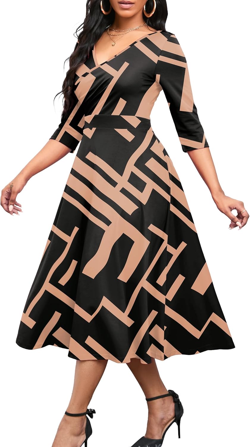 Nmoder Women's Casual Wrap Flared Midi Dress Wedding Guest Cocktail Tea Dresses A-Line Swing V-Neck 3/4 Sleeve